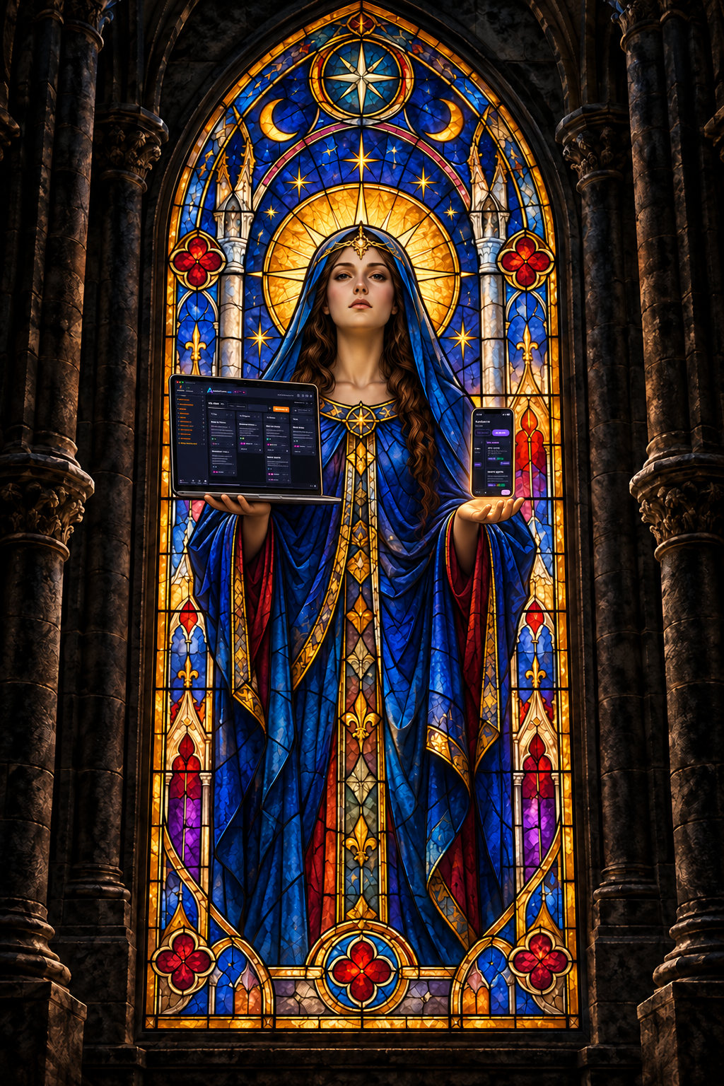 Stained-glass guardian holding a key and a star